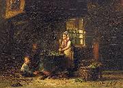 Hendrik Valkenburg An old kitchen with a mother and two children at the cauldron oil on canvas